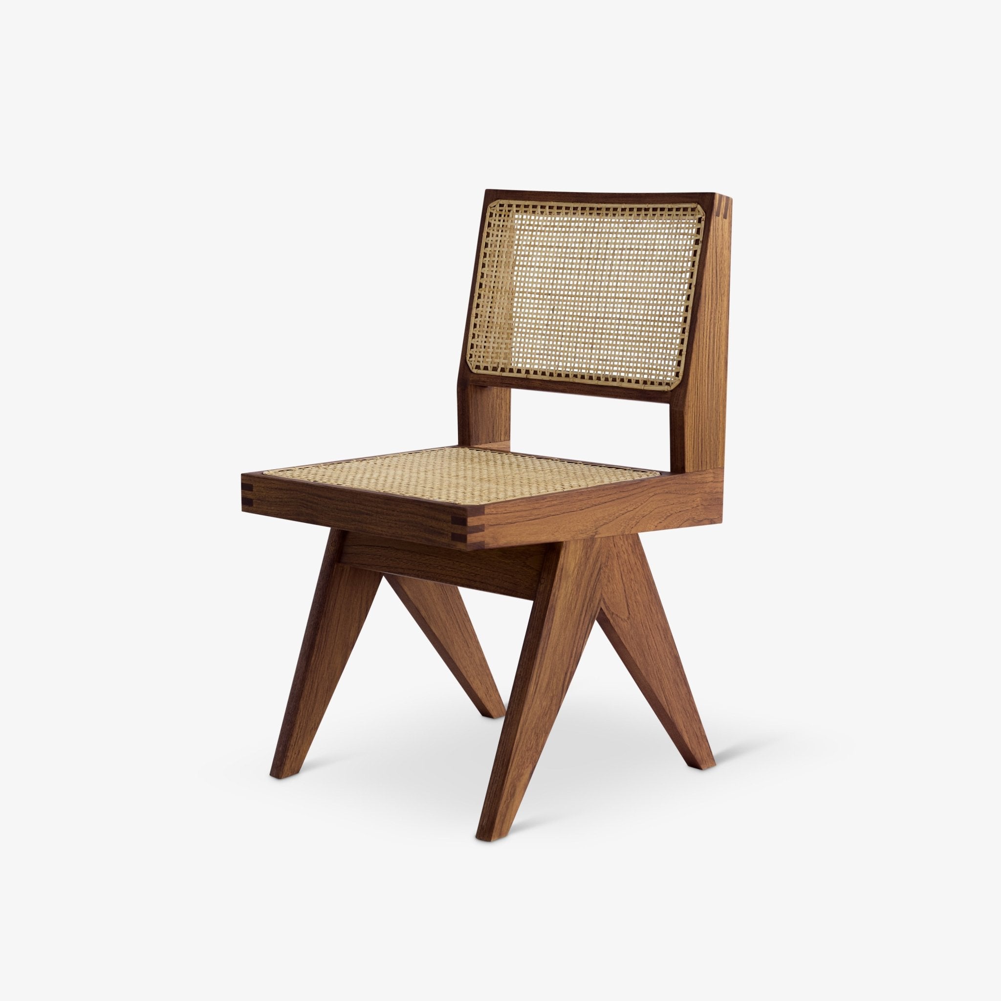 Armless Dining Chair - Object Embassy - Pierre Jeanneret Design - Hand made - teak wood rattan - V Leg - Natural Furniture