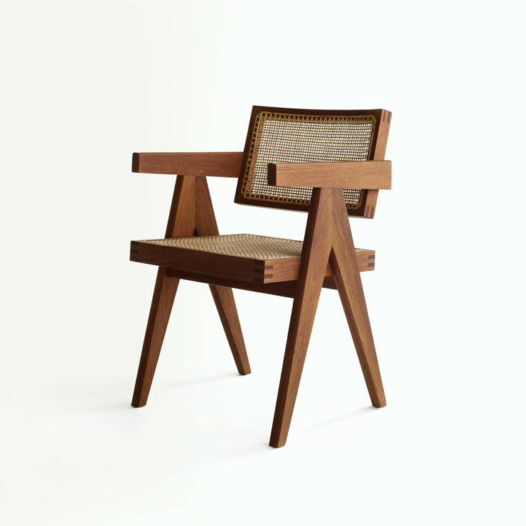 Piere-jeanneret-design-chair-rattan-teak-webbing-wood-front-side