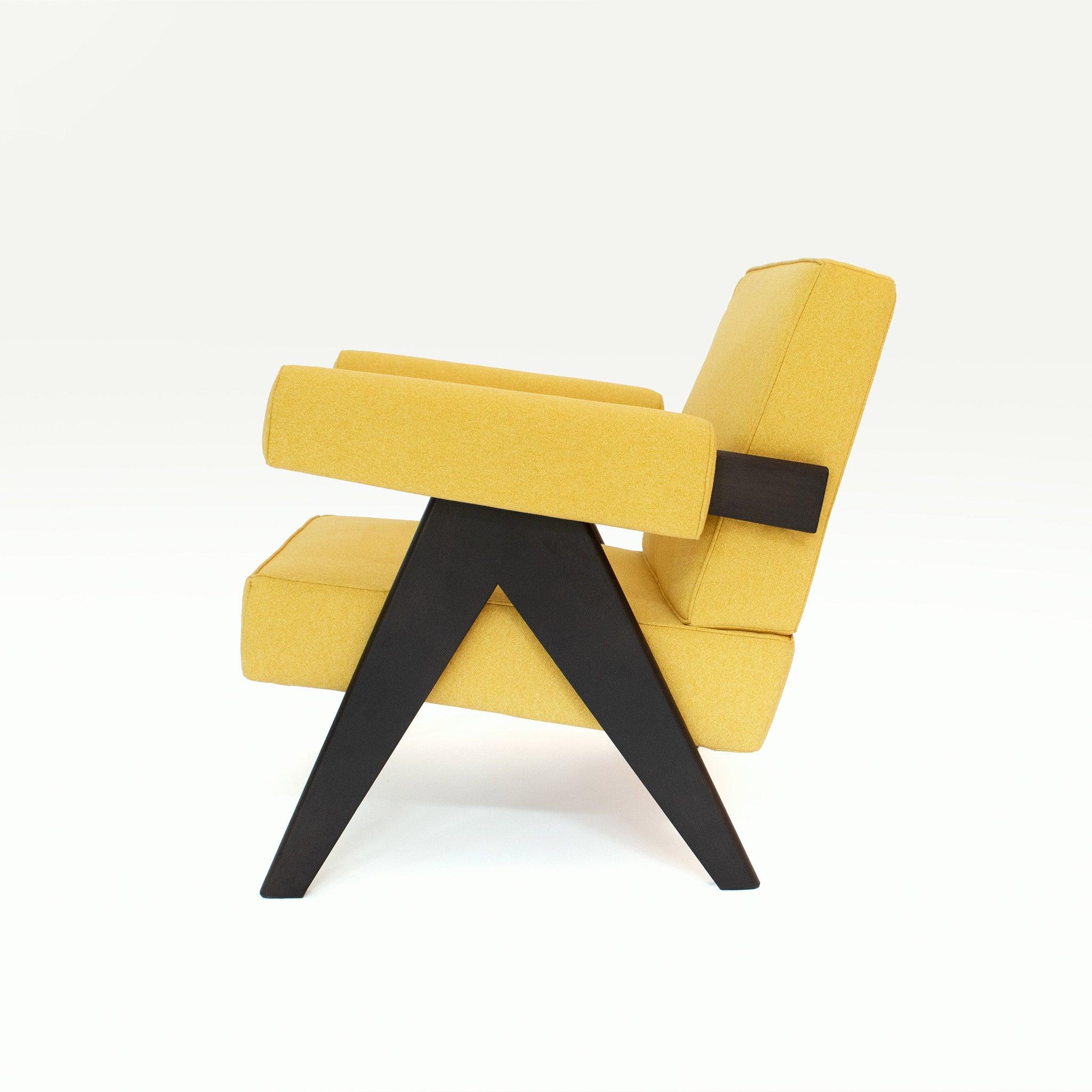 Upholstered Easy Armchair Black Amber Yellow - Object Embassy - Pierre Jeanneret Design - handmade furniture - Lounge Chair