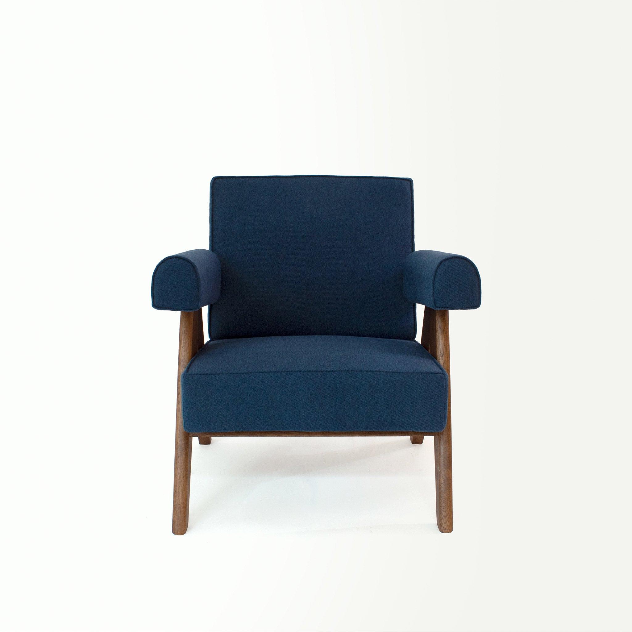 Upholstered Easy Armchair Natural Navy Blue - Object Embassy - Pierre Jeanneret Design - handmade furniture - Lounge Chair