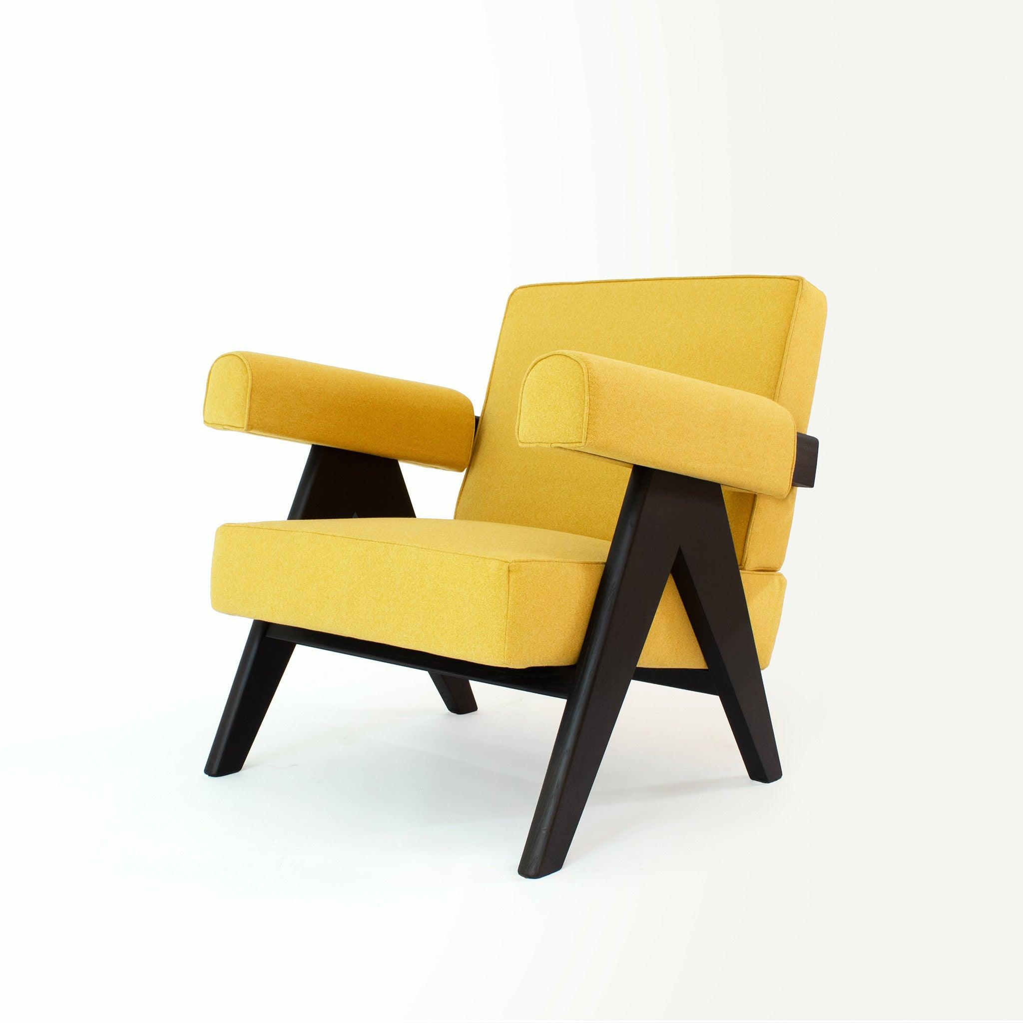 Upholstered Easy Armchair Black Amber Yellow - Object Embassy - Pierre Jeanneret Design - handmade furniture - Lounge Chair