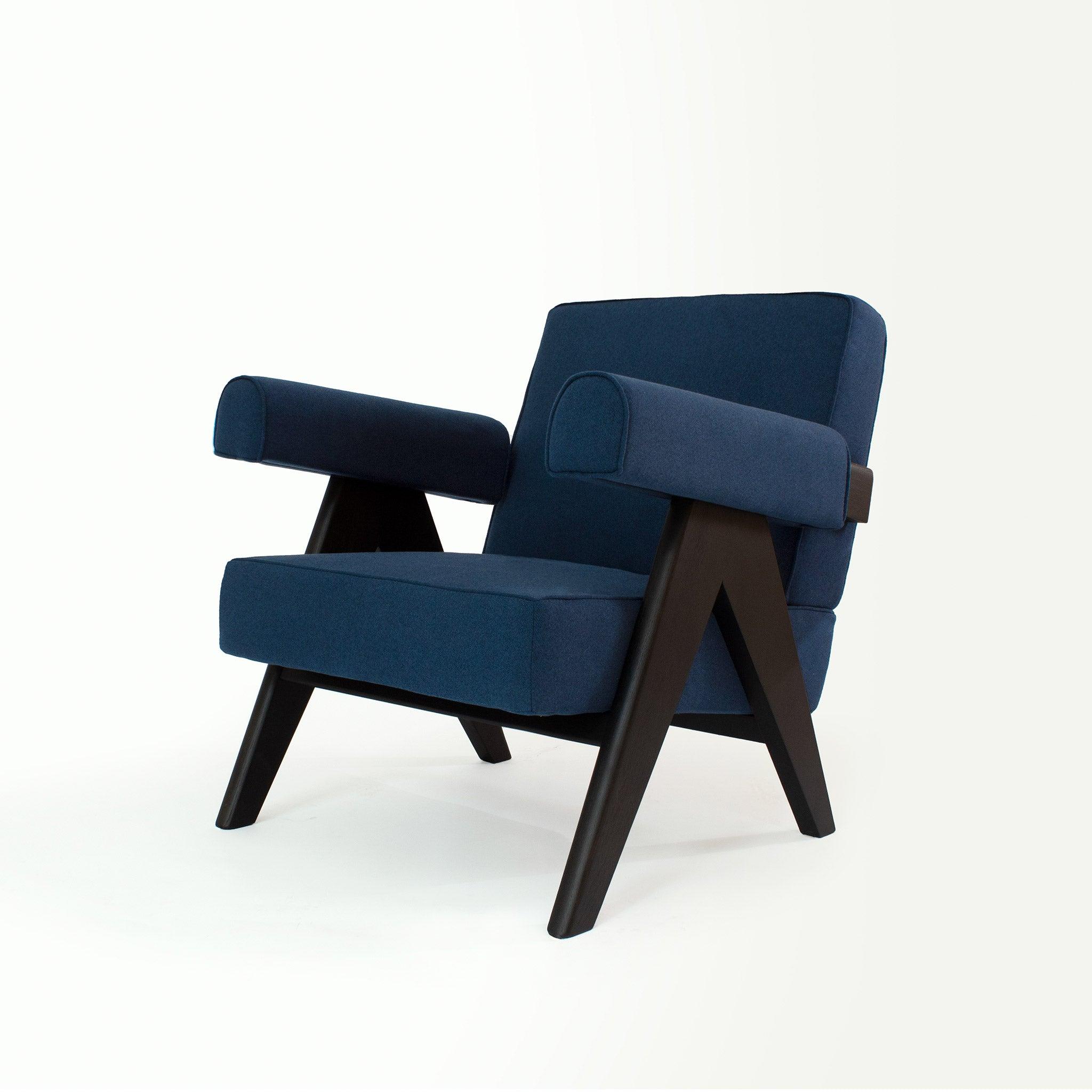 Upholstered Easy Armchair Black Navy Blue - Object Embassy - Pierre Jeanneret Design - handmade furniture - Lounge Chair