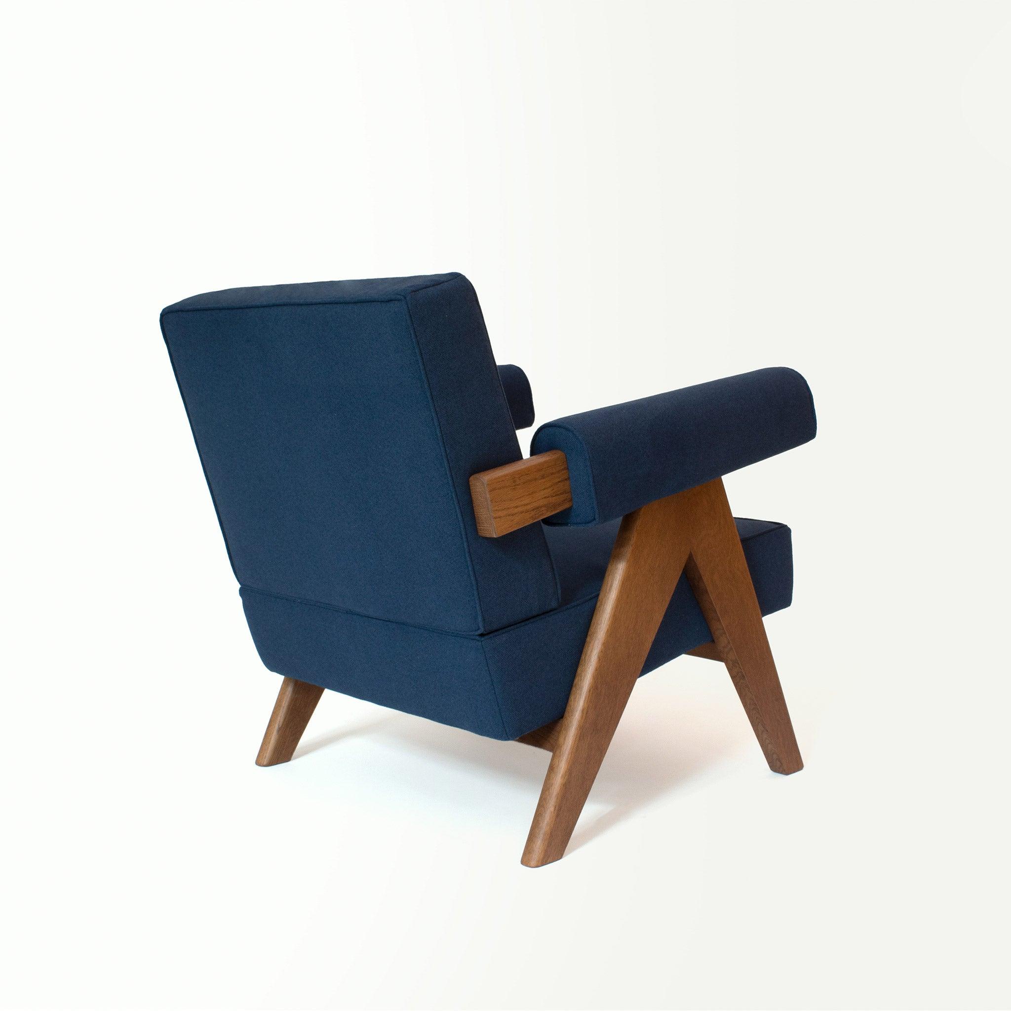 Upholstered Easy Armchair Natural Navy Blue - Object Embassy - Pierre Jeanneret Design - handmade furniture - Lounge Chair