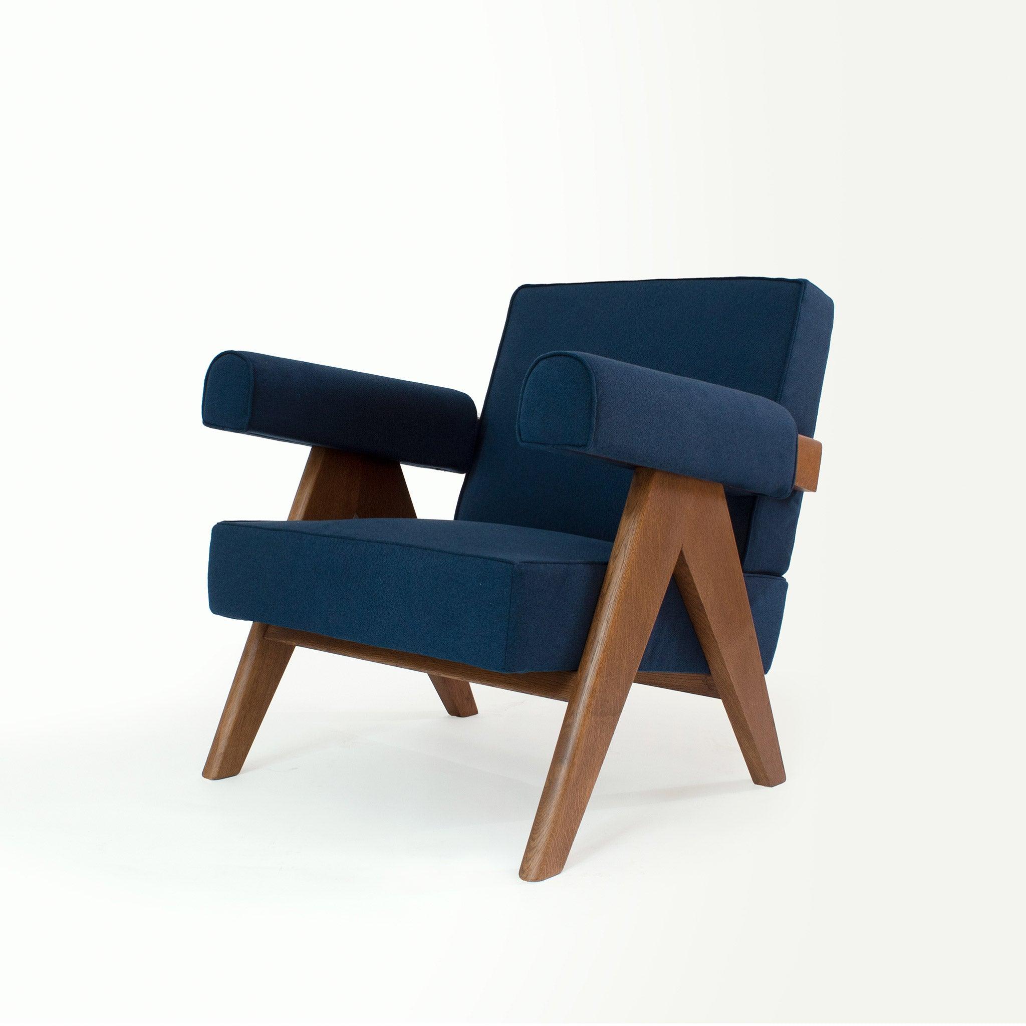 Upholstered Easy Armchair Natural Navy Blue - Object Embassy - Pierre Jeanneret Design - handmade furniture - Lounge Chair