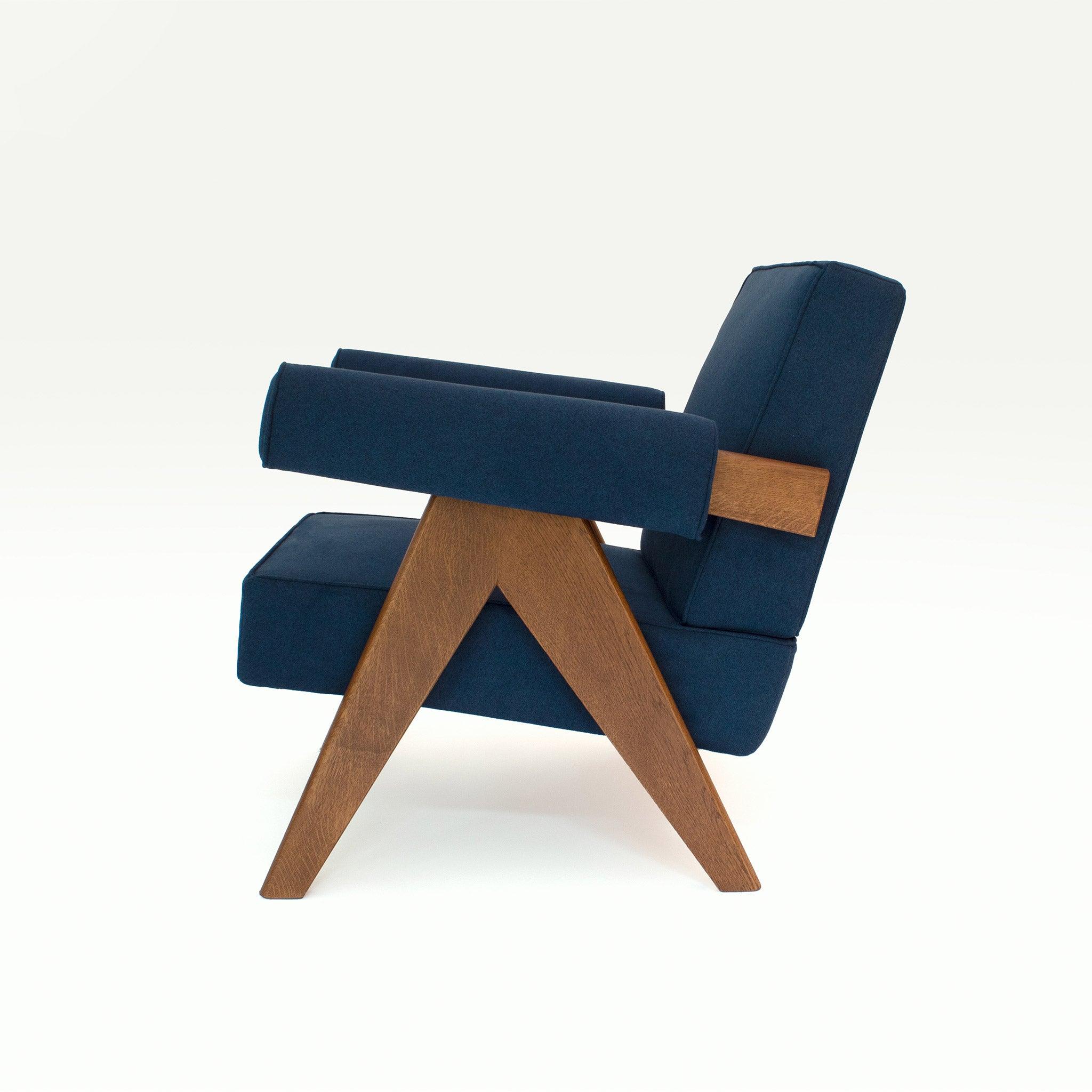 Upholstered Easy Armchair Natural Navy Blue - Object Embassy - Pierre Jeanneret Design - handmade furniture - Lounge Chair