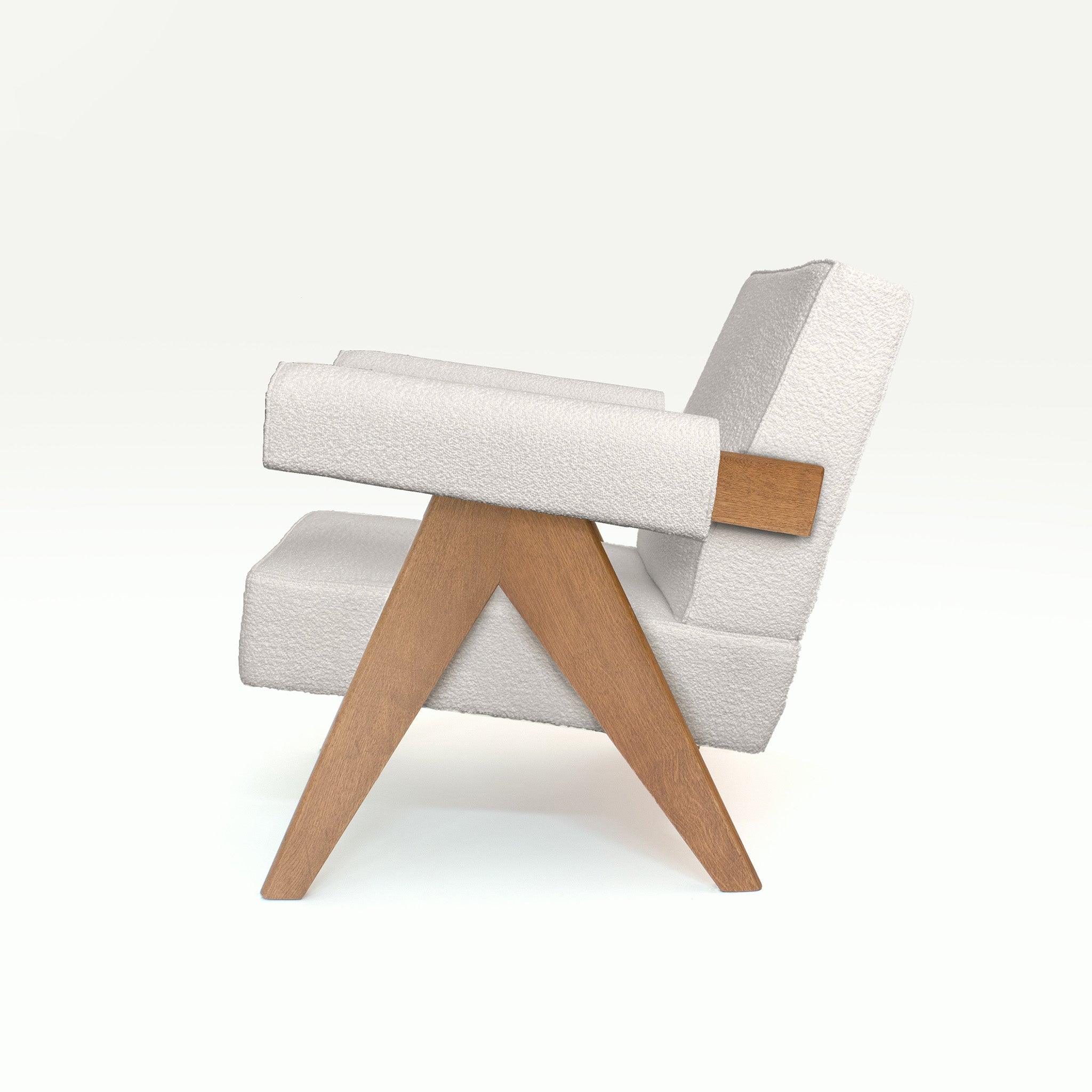 Upholstered Easy Armchair Natural Boucle - Object Embassy - Pierre Jeanneret Design - handmade furniture - Lounge Chair
